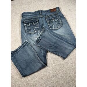 Helix Mens Slim Bootcut Jeans 38x30 Medium Wash Distressed Cross Pocket Denim